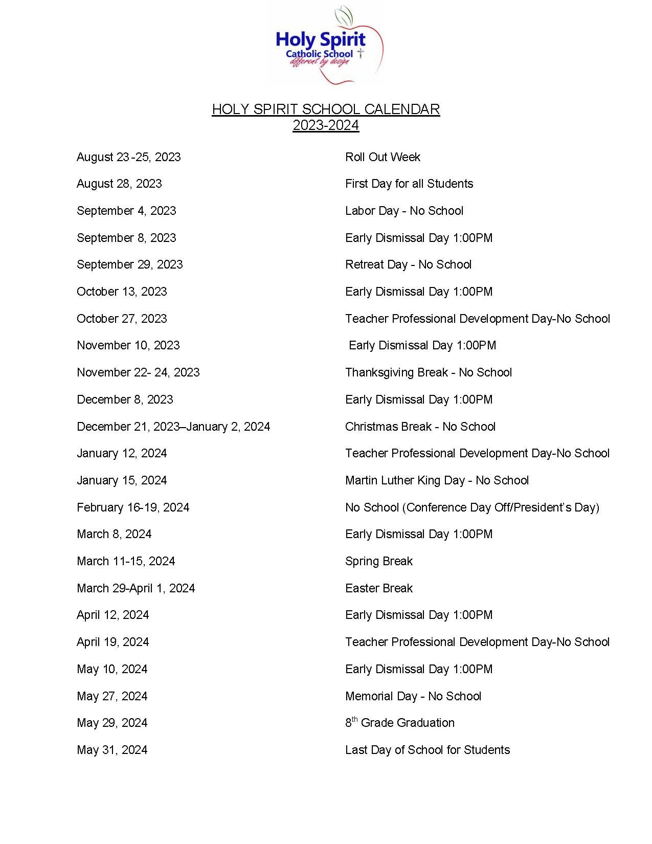 Holy Spirit Catholic School Annual School Calendar Columbus, OH